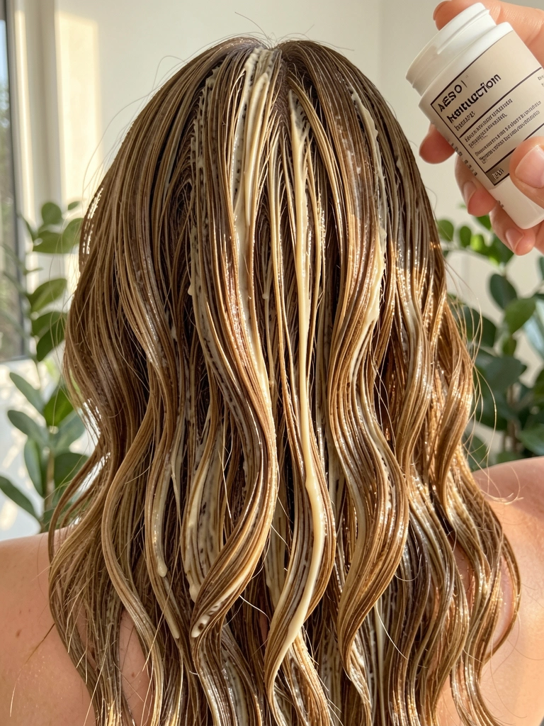Cabelo feminino com ondas soltas e brilho intenso, fios cobertos por creme hidratante, luz natural suave e fundo claro com folhagem verde.
