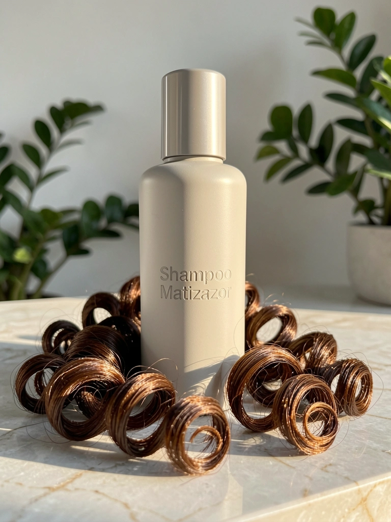 Frasco de shampoo matizador sobre mármore polido, cachos castanhos volumosos ao redor, luz natural da manhã e folhagens verdes desfocadas ao fundo.