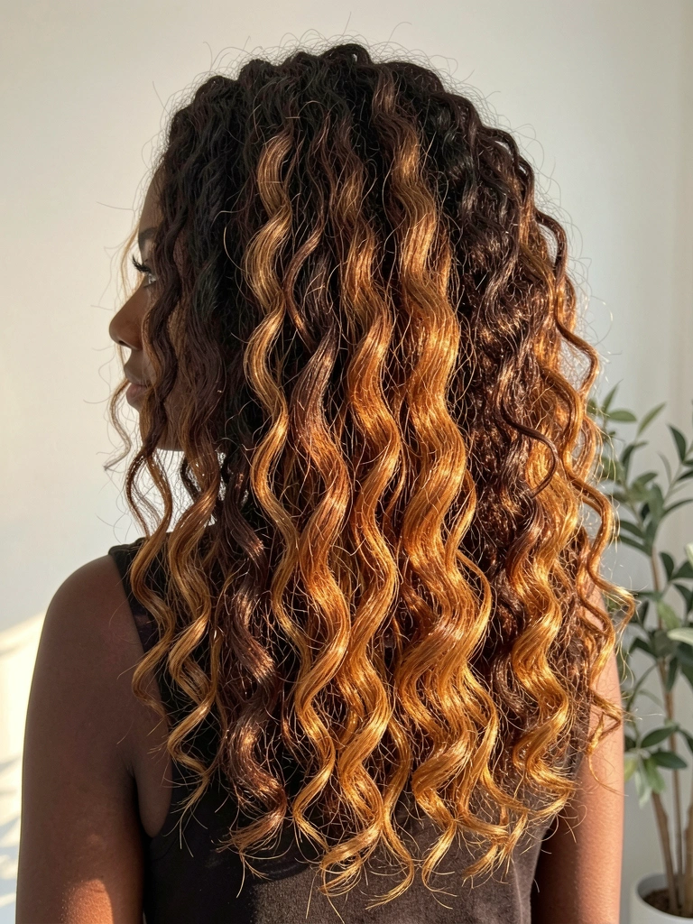 Cabelos cacheados castanhos com balayage caramelizada, luz suave e fundo verde-claro desfocado.