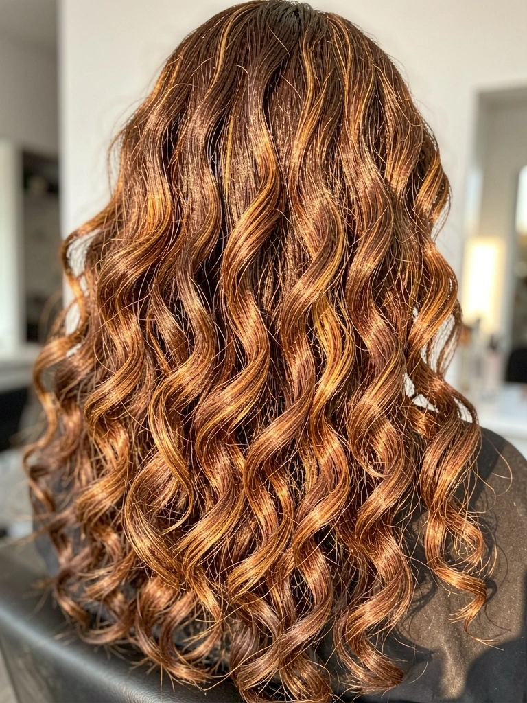 Cabelo cacheado volumoso com mechas carameladas, luz difusa destacando textura e movimento, fundo branco desfocado.