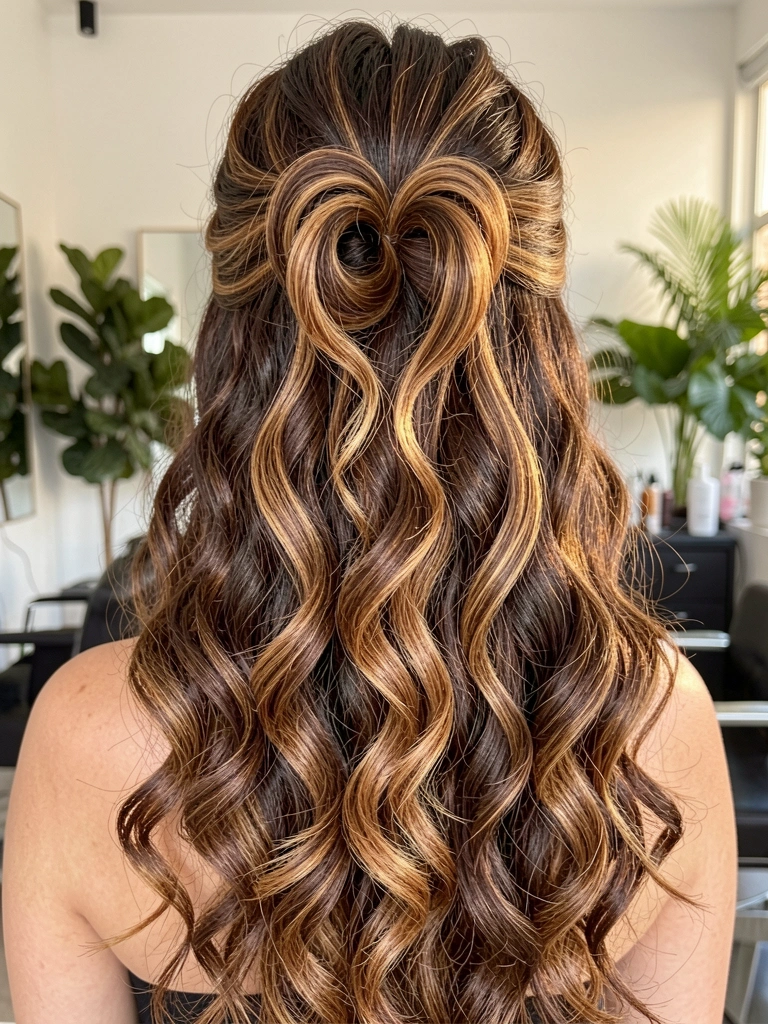 Cacheados castanho-escuros e caramelos em updo com formato de coração, luz suave matinal e fundo desfocado com verde.