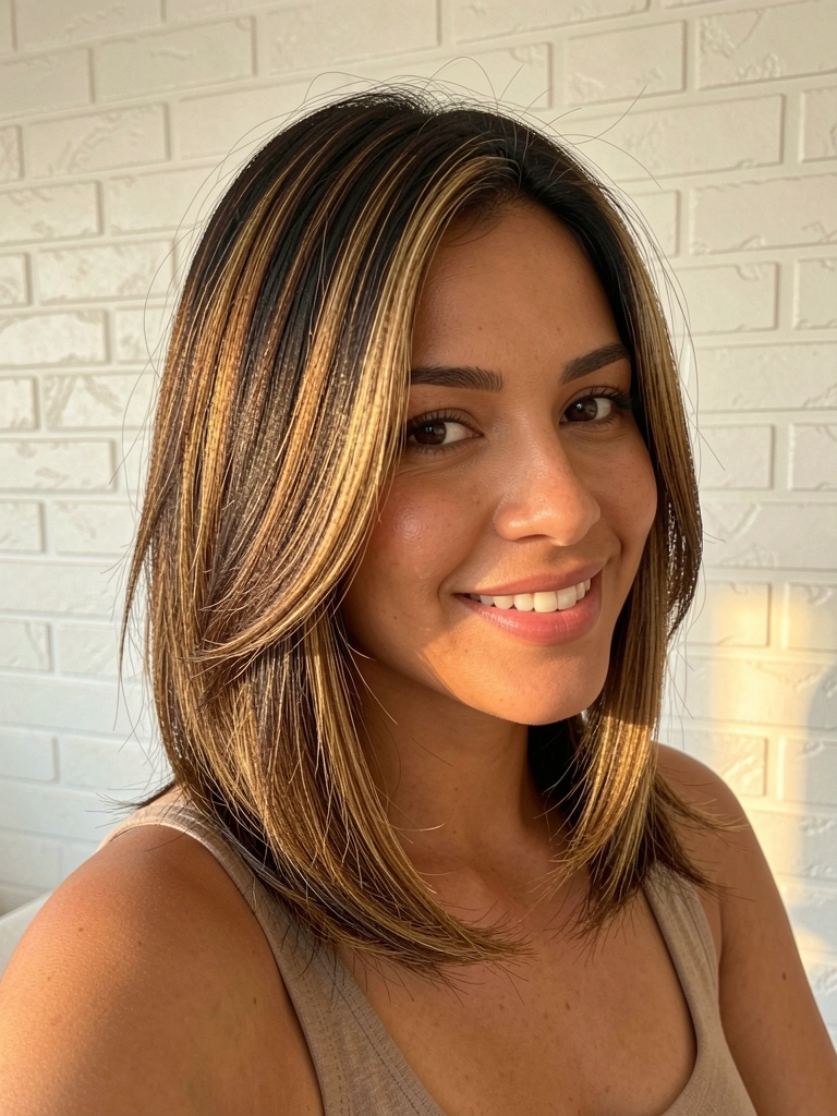 Mulher com cabelo castanho iluminado em corte bob texturizado, sorriso genuíno, parede clara com textura de tijolos e luz natural quente.