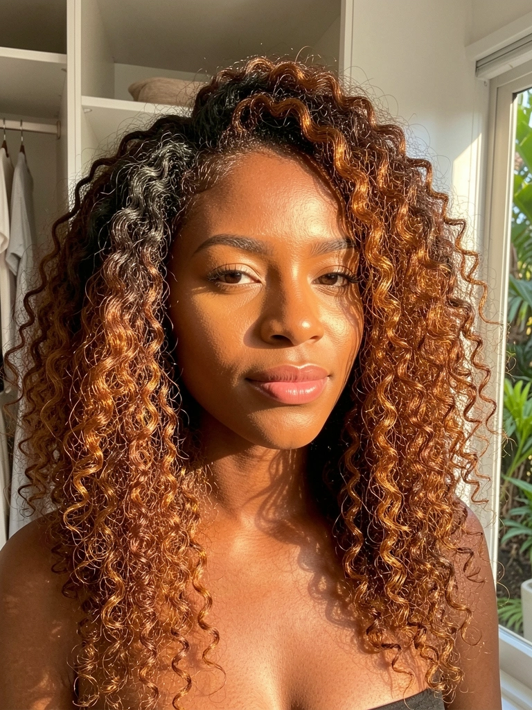 Pele negra iluminada pelo tom Morena Iluminada Mel, cabelos crespos volumosos com reflexos dourados e fundo de closet claro com luz da manhã.