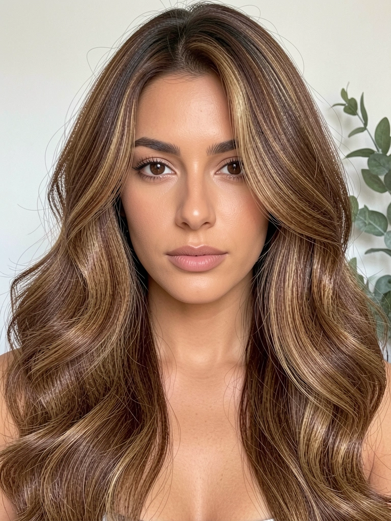 Cabelo castanho quente com mechas amendoadas, ondas naturais volumosas, luz suave e fundo claro com folhagem verde.