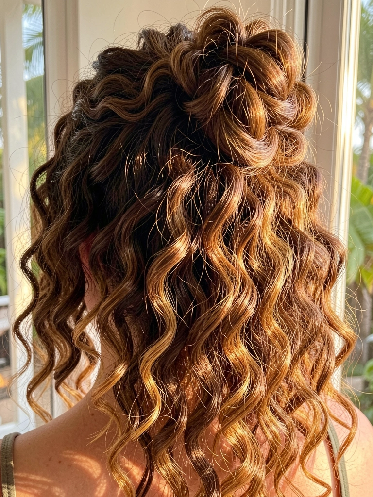 Close-up de cabelo cacheado castanho escuro com mechas carameladas e douradas, luz natural suave destacando o brilho e a textura, em um coque volumoso e cascateante.