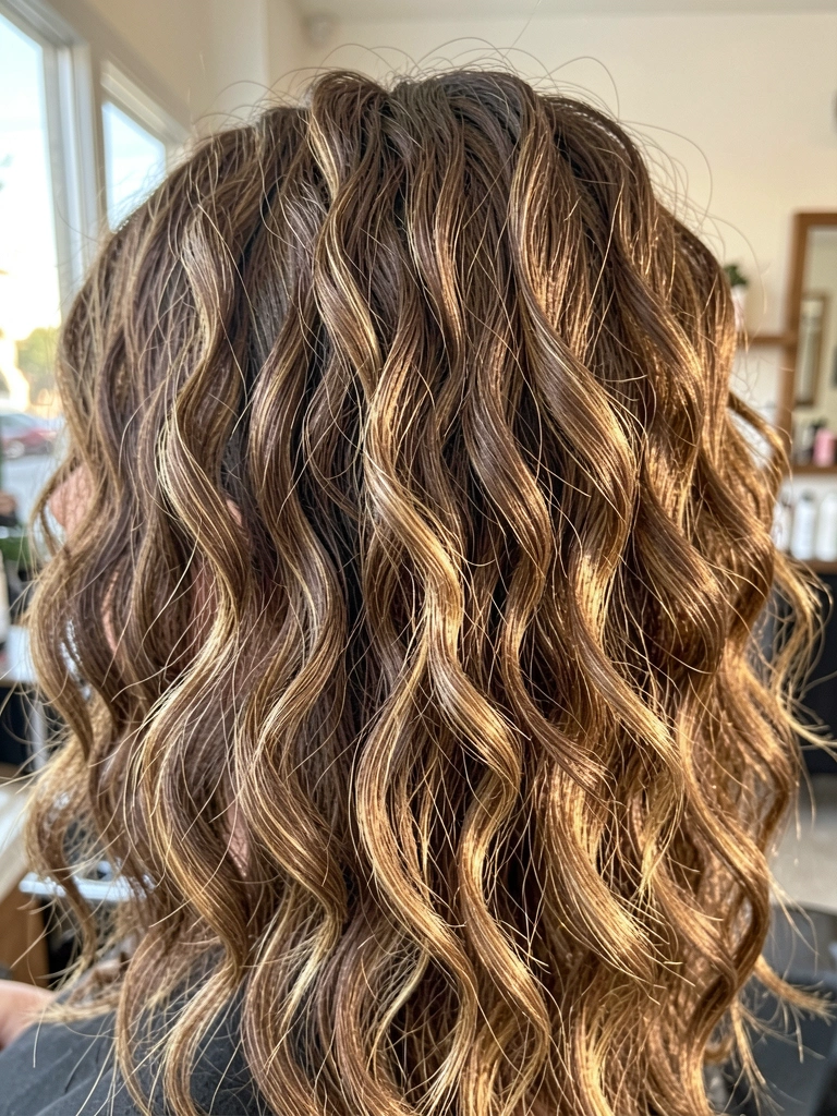 Cachos castanhos com mechas douradas em close, luz natural difusa e fundo desfocado de salão.