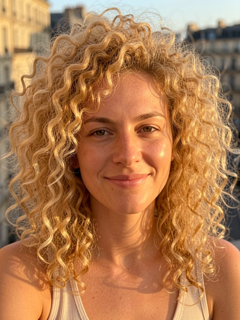 Close-up de uma mulher com cabelos loiros dourados e cacheados volumosos, iluminados pelo sol dourado, sorrindo suavemente com pele radiante e fundo desfocado de cidade histórica europeia ao entardecer.