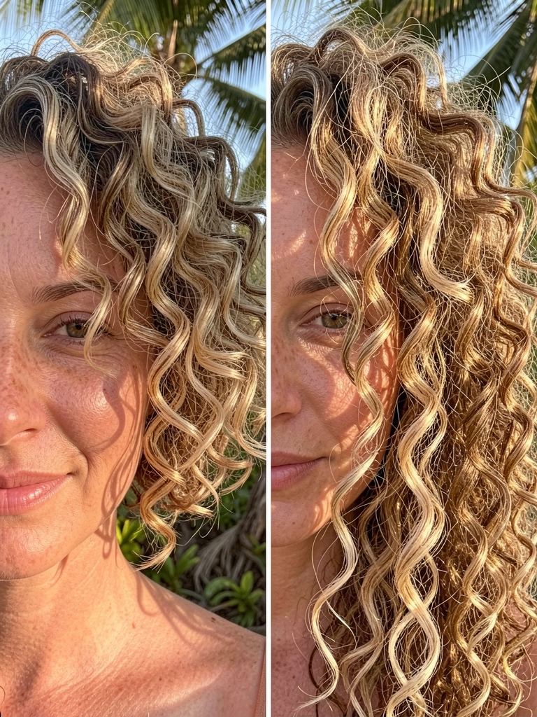Close-up de cabelo cacheado dividido em antes e depois: lado esquerdo curto com mechas loiras e castanhas, lado direito longo e volumoso, luz natural quente e pele realista.