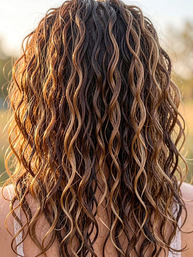 Cachos caramelos e castanhos volumosos com textura definida e brilho, iluminados por luz natural difusa, em fundo dourado e desfocado.