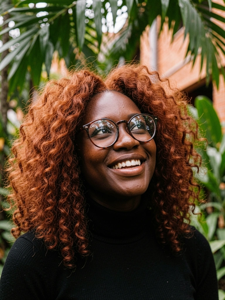 Mulher negra de cabelo crespo ruivo e óculos redondos, olhando para cima com sorriso genuíno, suéter preto de gola rolê, folhagem verde e prédio de tijolos desfocados ao fundo, luz natural salpicada.