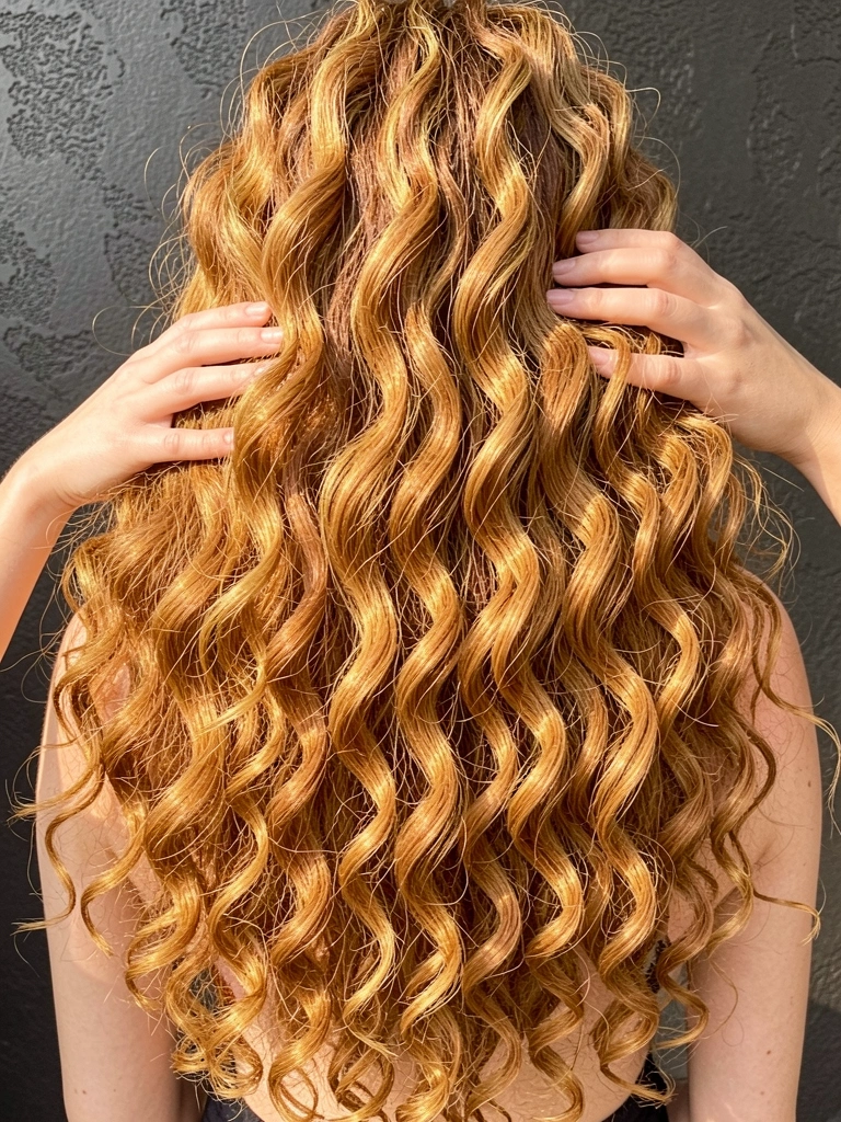 Mão feminina tocando cabelos cacheados caramelos com mechas douradas, luz natural suave e parede escura texturizada ao fundo.