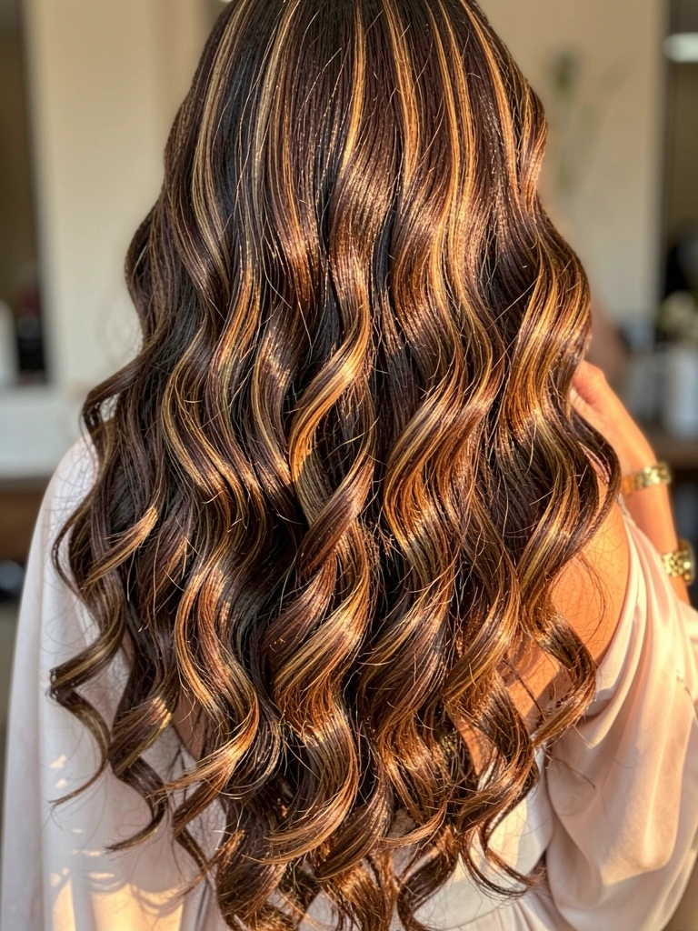 Cabelos longos e ondulados com mechas caramelizadas, iluminação dourada suave, fundo neutro desfocado e relógio dourado no pulso.