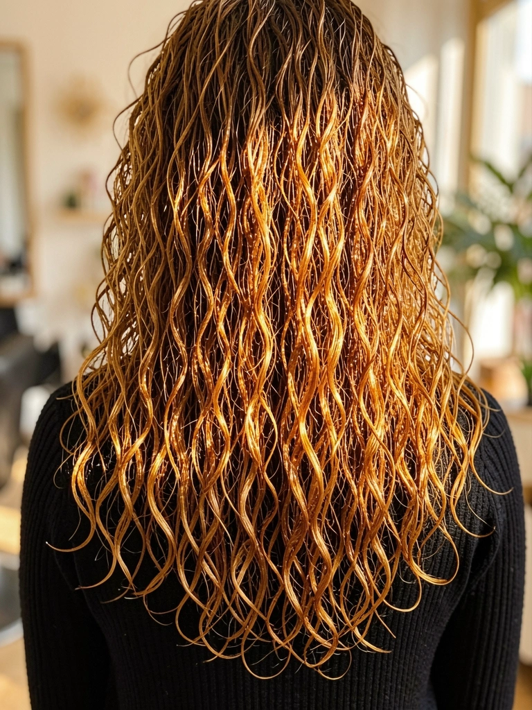 Cacheados caramelos e dourados, brilho acetinado com luz solar, mulher de blusa preta e fundo desfocado.