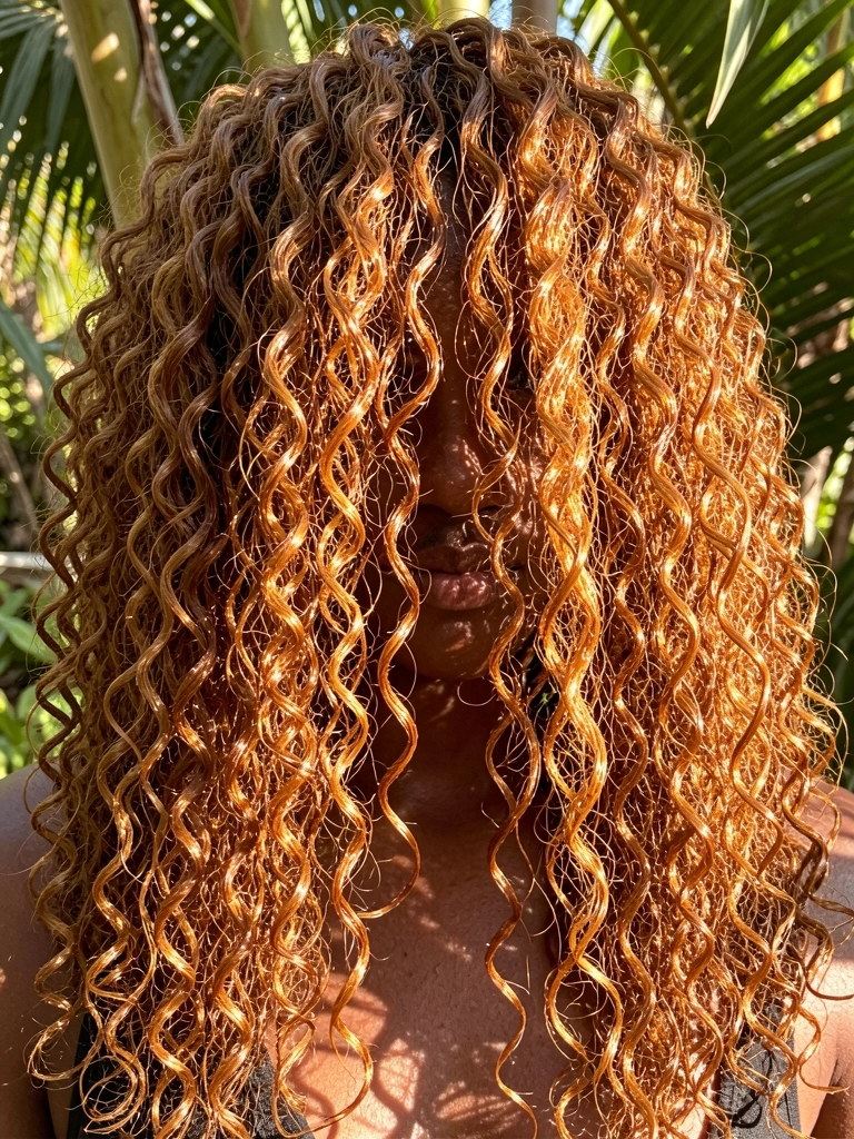 Cachos volumosos de cabelo crespo, com mechas carameladas e douradas, iluminados por luz natural e sombras de folhas ao fundo.