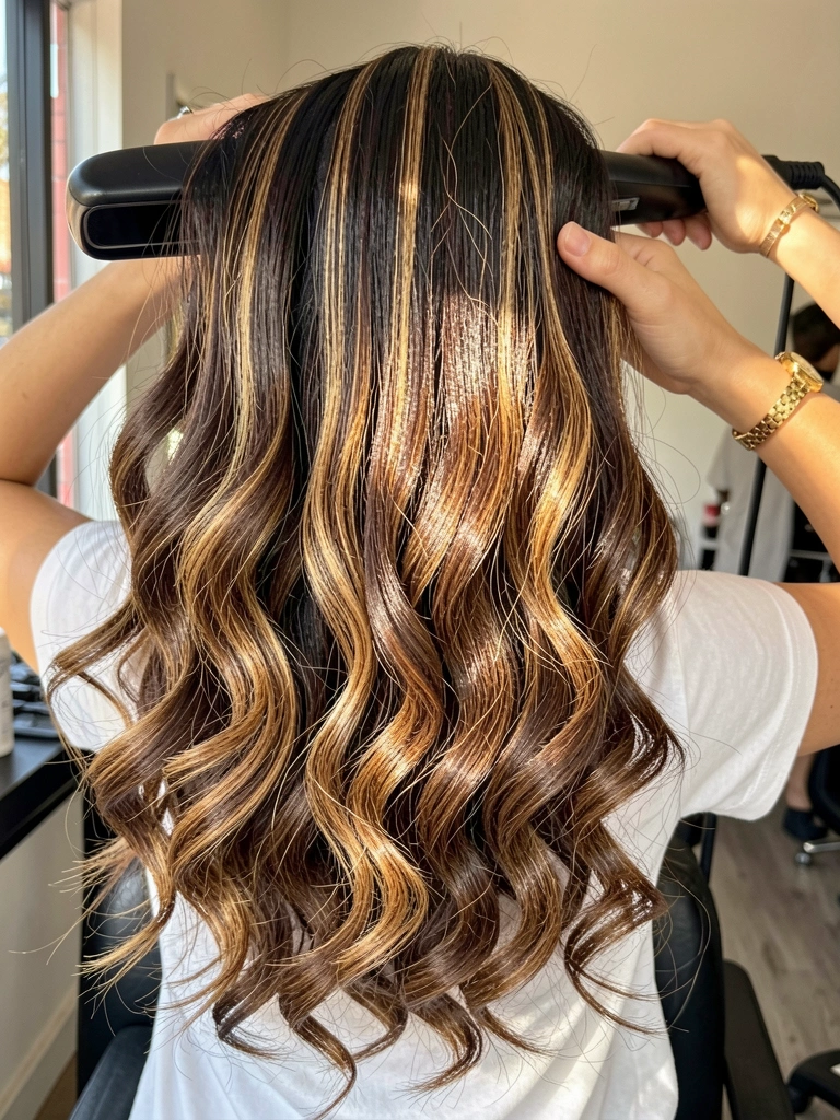 Mulher com cabelo castanho escuro com mechas loiras caramelizadas alisando os fios com chapinha, luz natural destacando textura e movimento dos cachos.