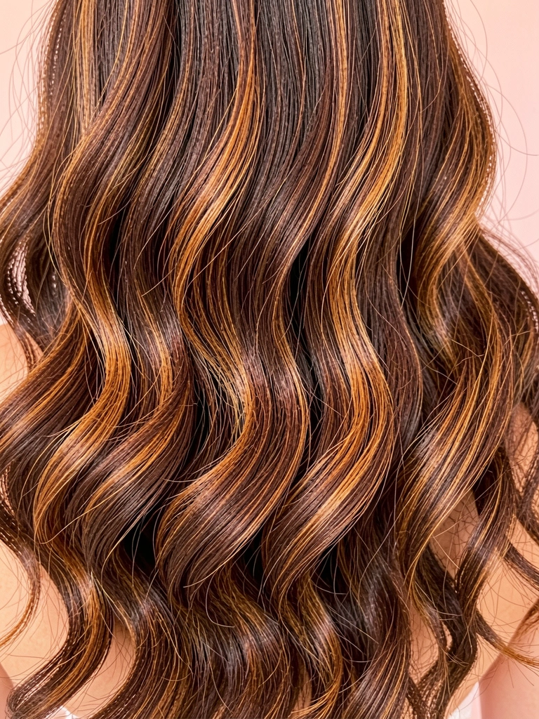 Cabelo castanho chocolate com mechas carameladas e reflexos acobreados, ondas soltas e volumosas, luz natural difusa sobre fundo rosa claro.