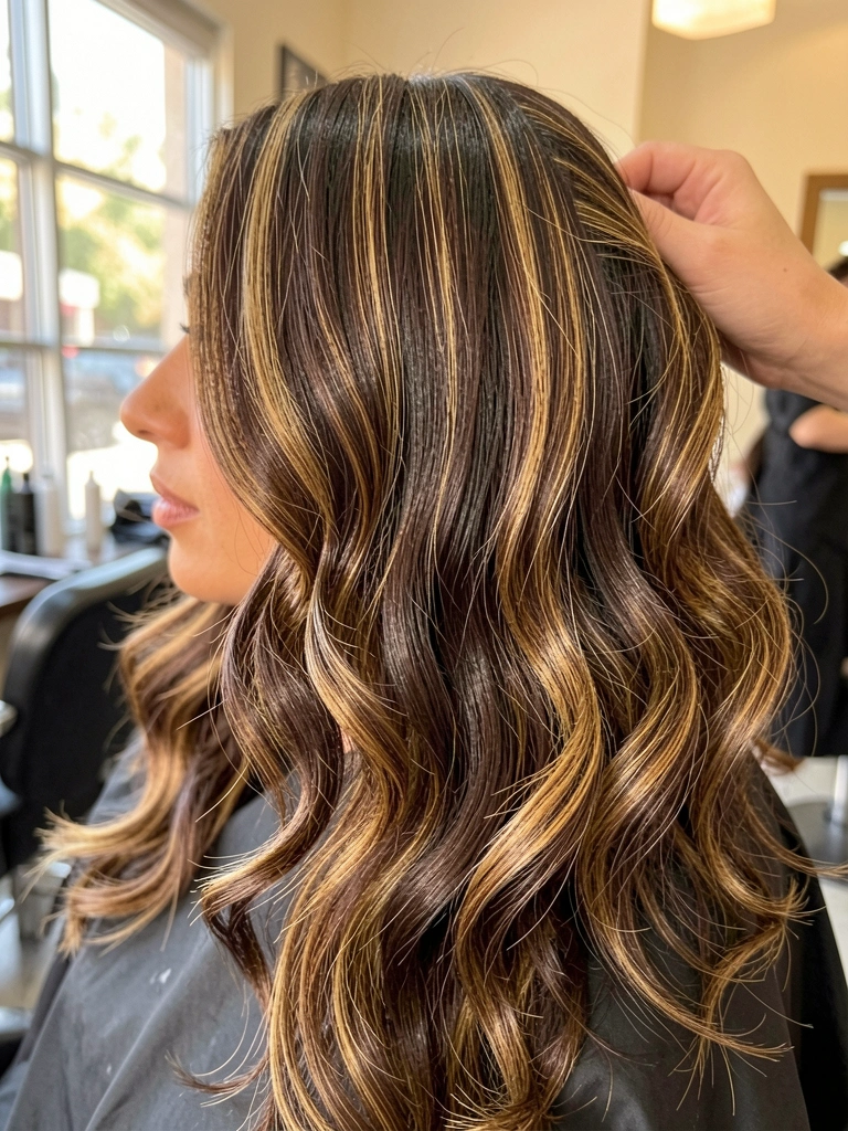 Cabelo castanho chocolate com mechas carameladas em ondas volumosas, mão feminina penteando os fios, luz natural suave ao fundo.