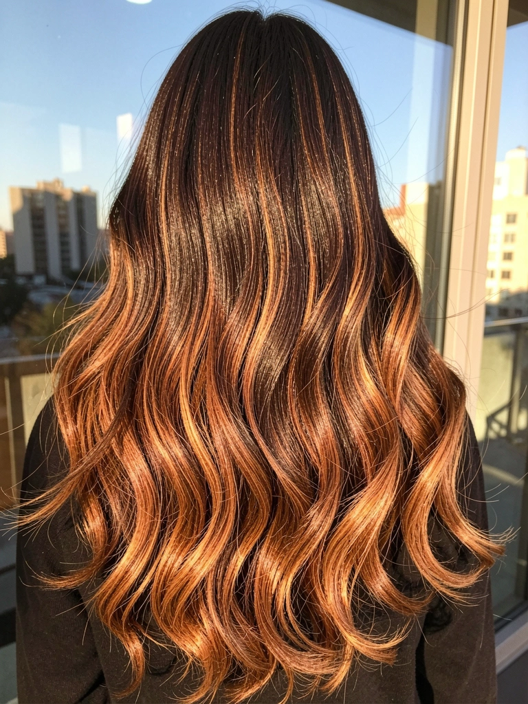 Cabelo castanho escuro com mechas caramelo caindo sobre vidraça refletindo prédios e céu, luz natural quente destacando as ondas suaves.