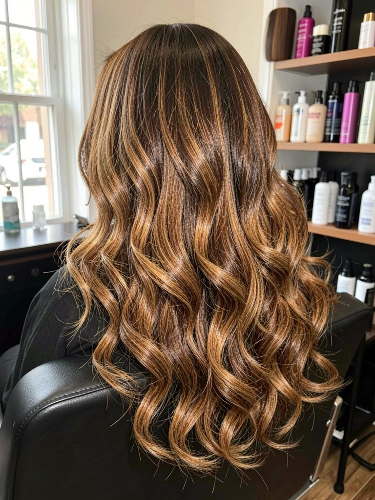 Cabelo castanho com mechas caramelo em balayage, cachos suaves iluminados por luz natural, cadeira preta e prateleiras com produtos de salão ao fundo.