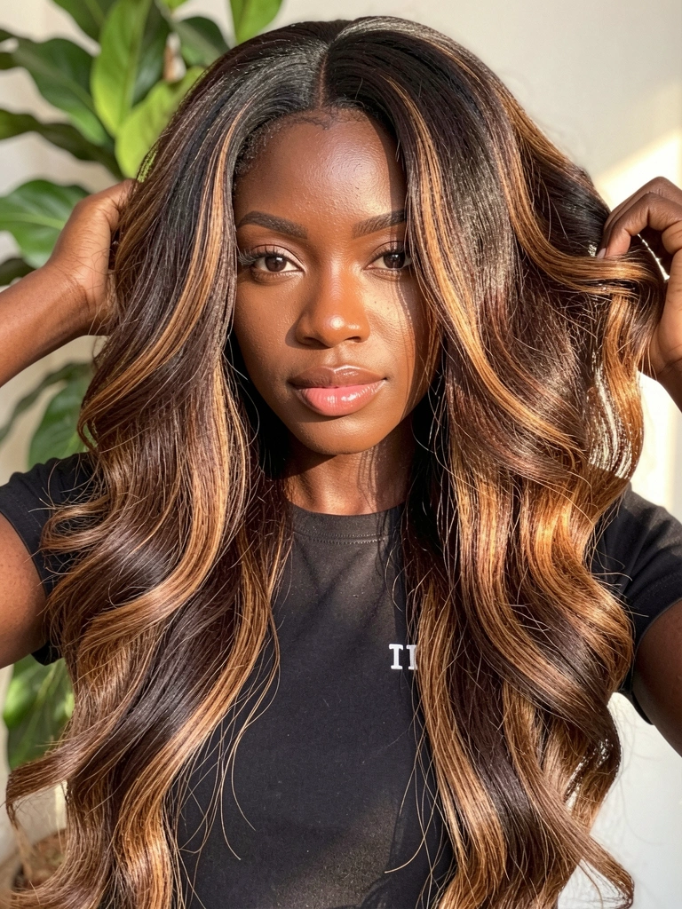Mulher negra com cabelos castanhos ondulados e mechas caramelizadas, mãos erguendo os fios, luz natural suave, planta verde desfocada ao fundo.