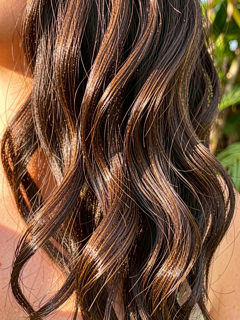 Mechas grossas de cabelo castanho escuro com reflexos chocolate e cappuccino, levemente onduladas, iluminadas por luz natural quente.