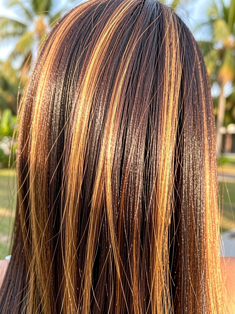 Cachoeira de fios castanho-escuros com mechas carameladas, iluminados por luz natural, fundo desfocado com folhagens ao sol.