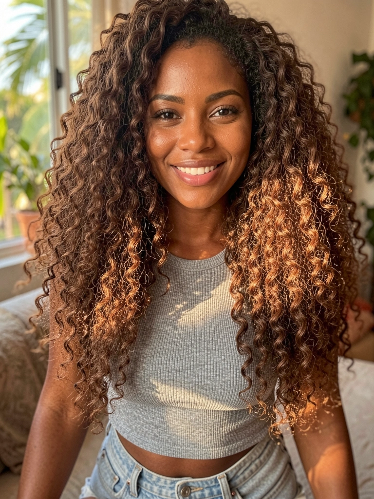 Mulher de cabelos cacheados castanho-chocolate com luz natural, sorrindo em fundo levemente desfocado.
