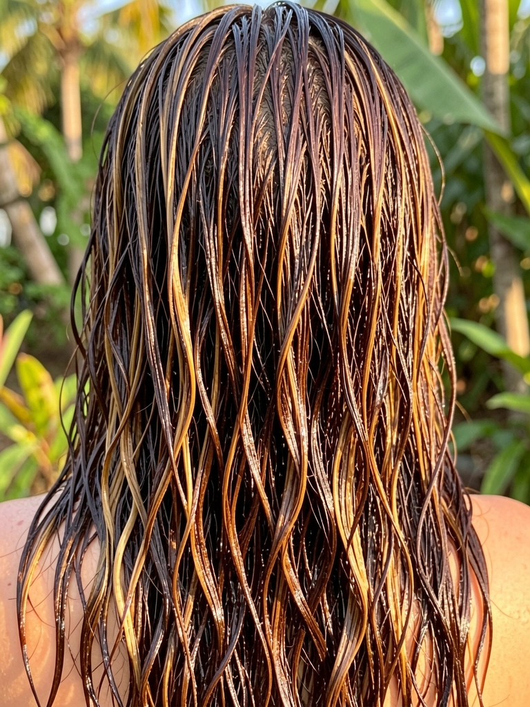 Cabelo castanho chocolate volumoso com mechas caramelo, molhado e brilhante, luz natural suave, close-up texturizado.