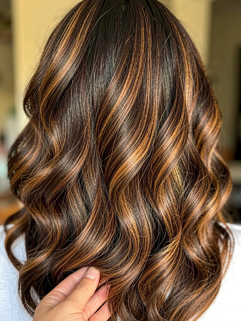Cabelo castanho escuro com mechas caramelo e ondas definidas, mão tocando a base, luz natural suave e fundo desfocado.