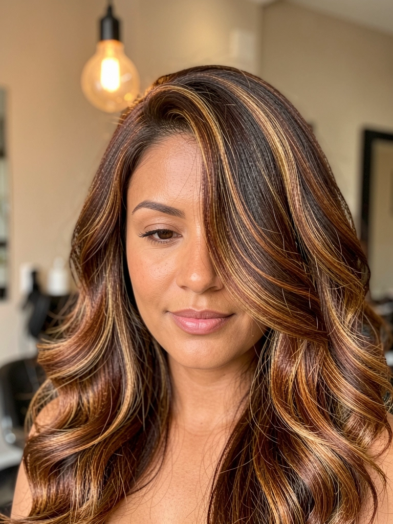 Cabelo castanho com mechas carameladas e ruivas em ondas soltas, luz suave de lâmpada pendente, fundo neutro desfocado.