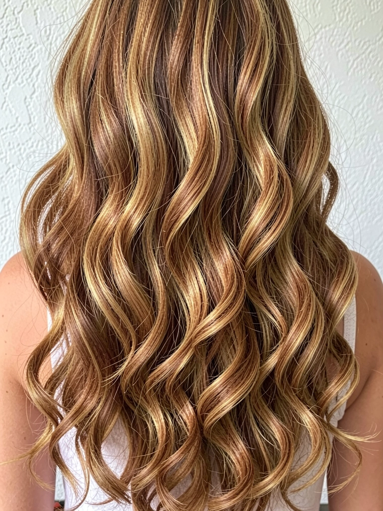 Cabelos longos e ondulados com mechas carameladas e douradas, luz natural destacando textura e brilho, fundo de parede branca texturizada.