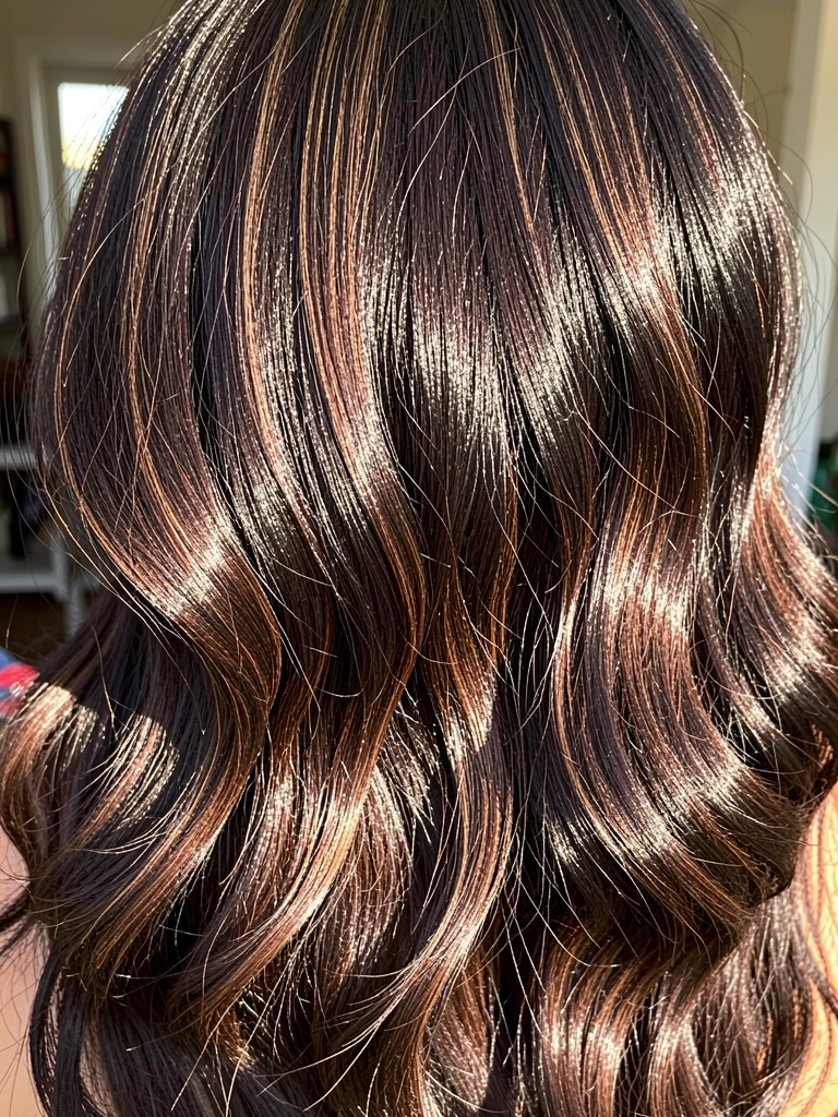 Cabelo castanho chocolate médio com ondas suaves e mechas balayage escuras, luz natural destacando o brilho e a textura dos fios.