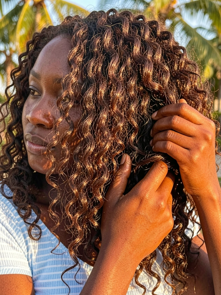 Mãos de mulher negra com cabelos cacheados castanhos e blusa listrada azul e branca, luz natural destacando textura e brilho dos fios.