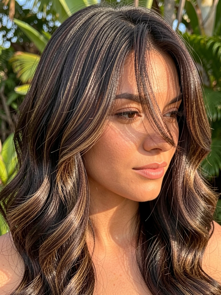 Close-up de cabelo castanho escuro com mechas e ondas suaves, luz natural realçando o brilho, fundo desfocado com folhagem verde.