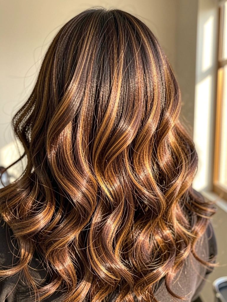 Cabelos castanhos com mechas caramelizadas, balayage e babylights, luz natural realçando textura ondulada e brilho, fundo de parede claro desfocado.