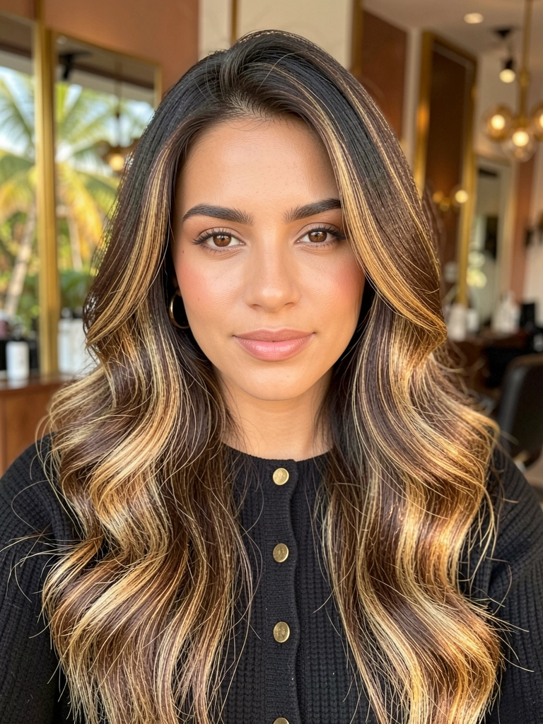 Retrato de mulher com cabelos castanhos e mechas loiras, suéter preto com botões dourados, fundo de salão desfocado com tons quentes e luz natural suave.