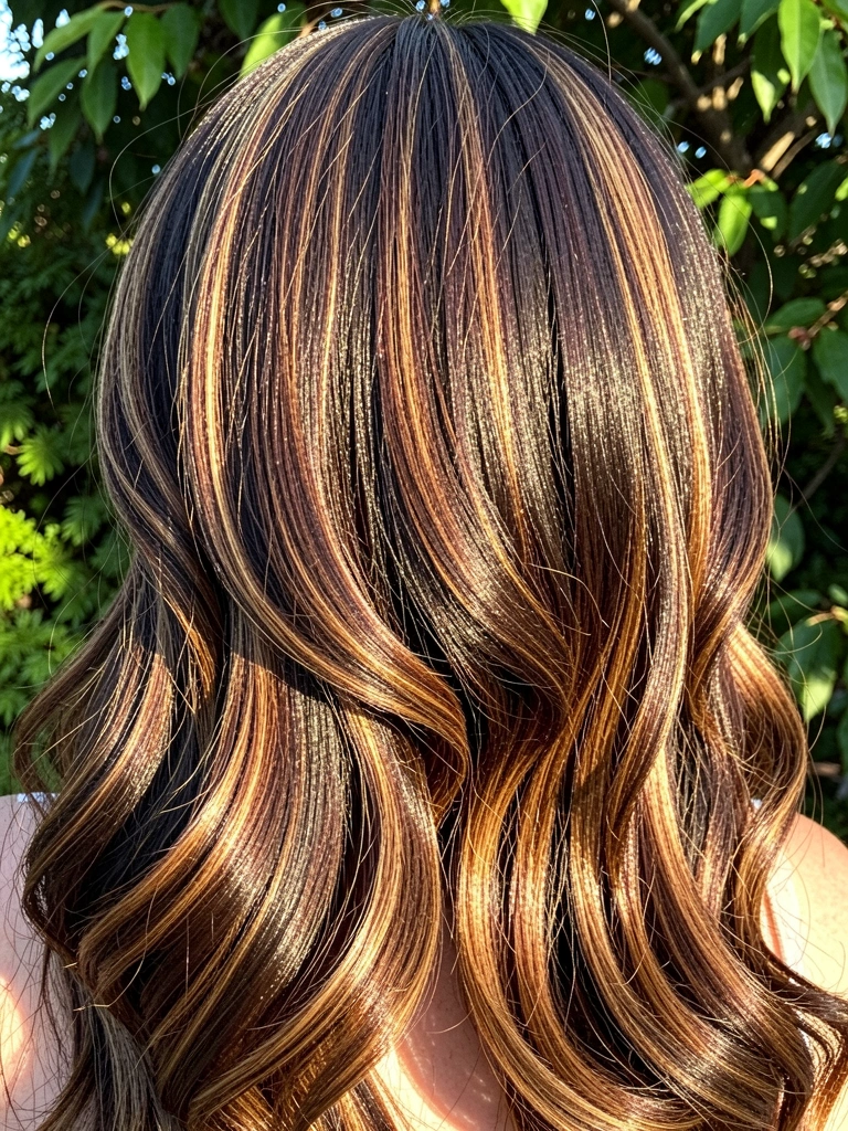 Cabelo castanho escuro com mechas balayage iluminado por luz natural, fundo de folhagem verde ao ar livre.