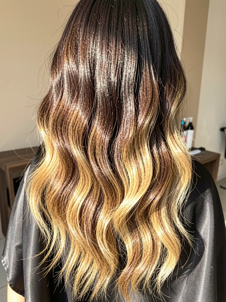Cabelo longo e ondulado com balayage de castanho escuro a loiro dourado, coberto por lenço de seda preto, luz natural suave, fundo de parede bege e mesa escura.