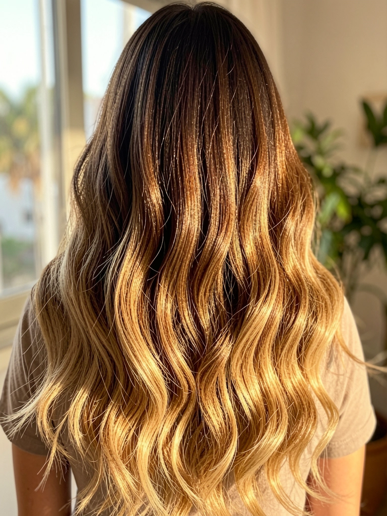 Costas de mulher com cabelo castanho escuro longo e ondulado com balayage loiro dourado, luz natural quente e fundo desfocado.