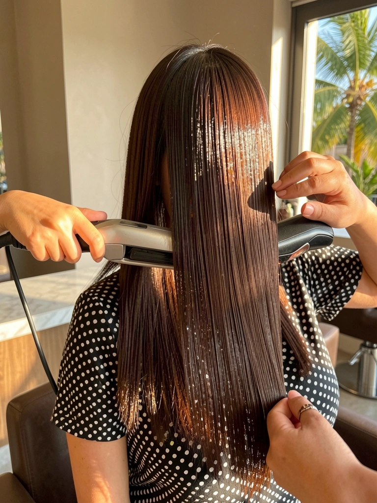 Cabelo liso e brilhante sendo alisado com chapinha em salão moderno, com bancada de mármore e luz natural.