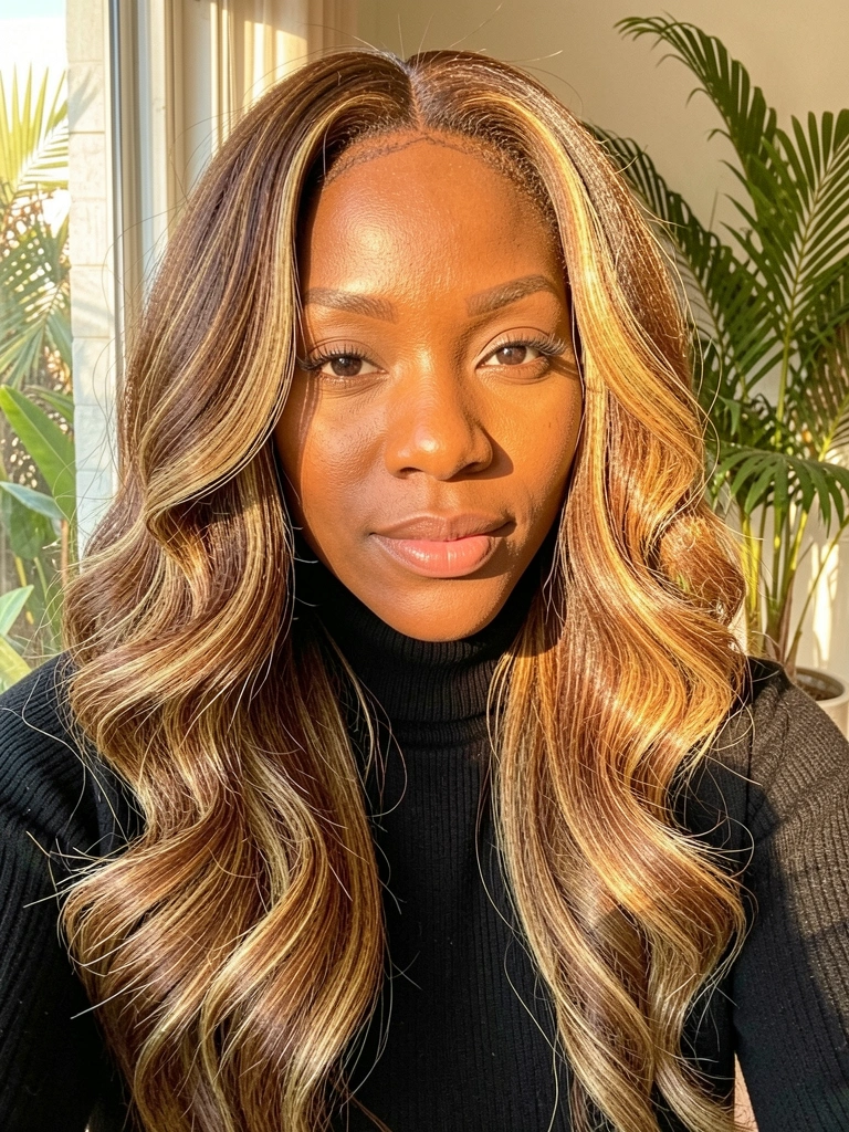 Cabelos cacheados com mechas douradas sob luz suave, mulher negra de gola alta preta e folhagens ao fundo.