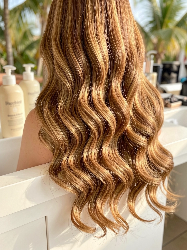 Cabelo cacheado castanho-dourado sobre balcão branco de salão, frascos de shampoo e condicionador desfocados ao fundo, luz natural difusa.
