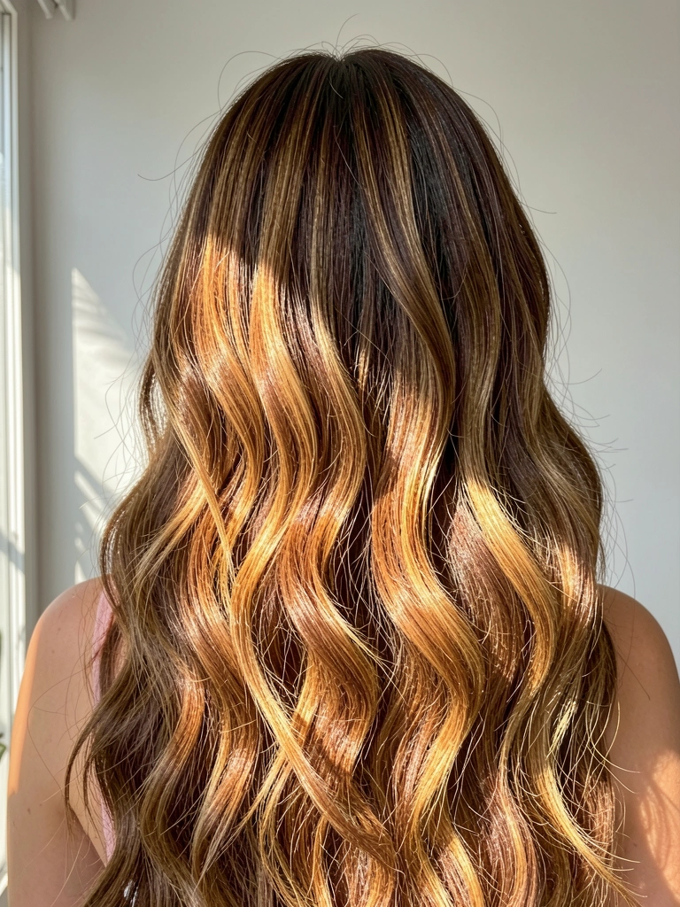 Cabelo longo ondulado com balayage caramelizada e reflexos dourados, luz natural suave destacando o brilho e a textura, fundo cinza claro.
