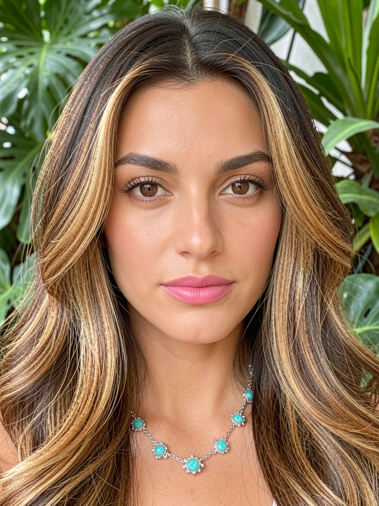 Cabelos ondulados com balayage caramelizada e colar de prata com turquesa, luz suave refletindo na pele radiante.