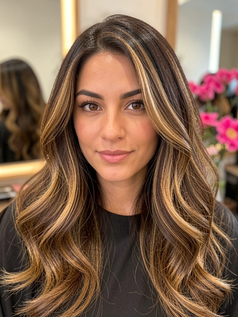 Mulher com cabelo castanho escuro e mechas loiras caramelizadas em balayage, ondas volumosas, olhos castanhos, maquiagem natural, fundo desfocado com flores rosas.