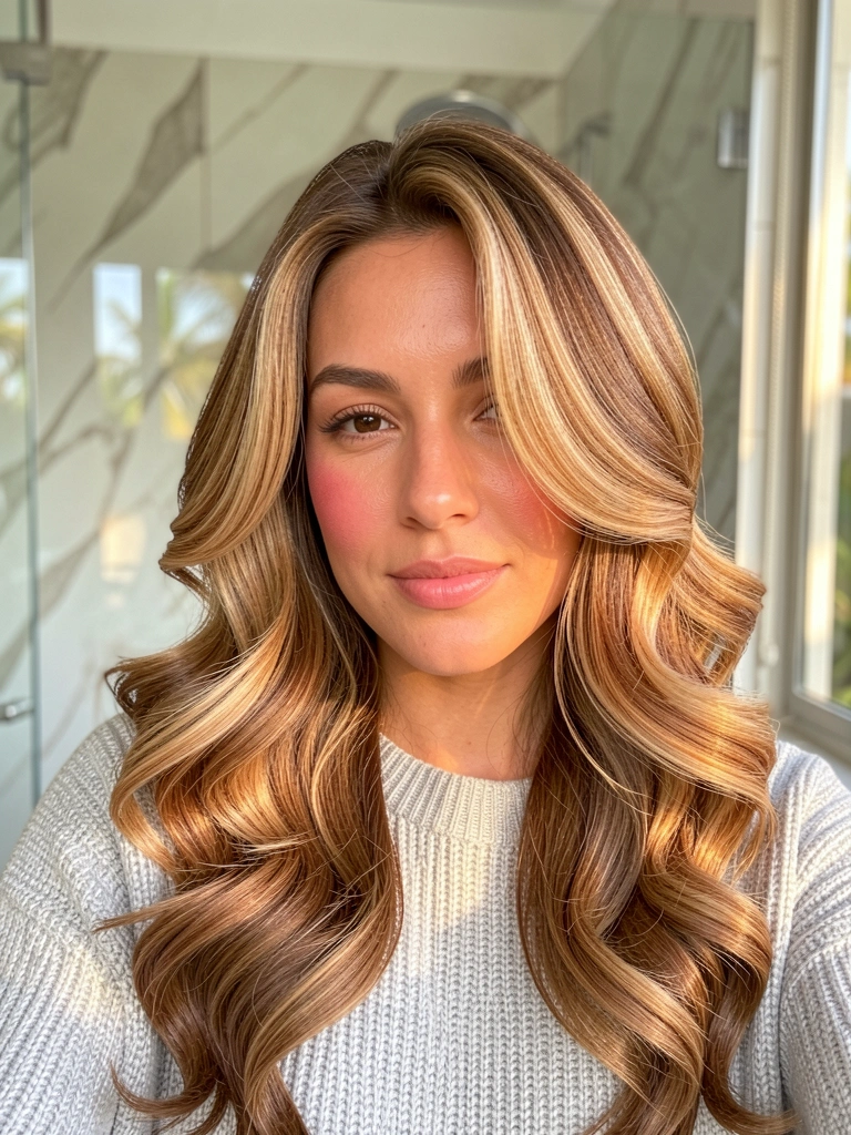 Close-up de mulher com cabelos castanho-mel e loiro-caramelo em ondas definidas, pele com glow natural, suéter cinza texturizado, fundo desfocado de banheiro com mármore e box de vidro refletindo luz natural.