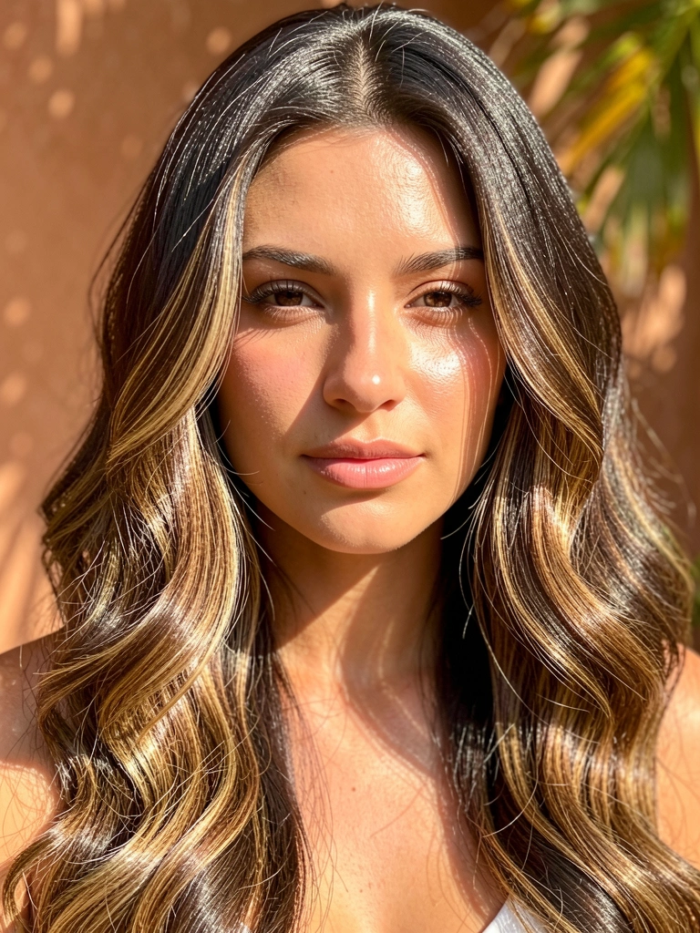 Mulher com cabelos castanhos ondulados com mechas loiras, luz solar difusa destaca o balayage, fundo desfocado com parede quente.