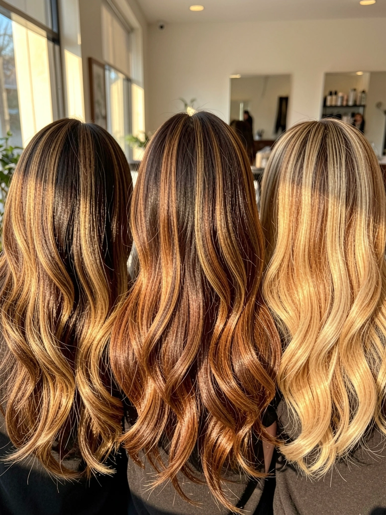 Três mulheres com cabelos castanhos escuros exibindo mechas balayage em tons de mel, caramelo e loiro, com ondas soltas e luz suave de janela em salão moderno.