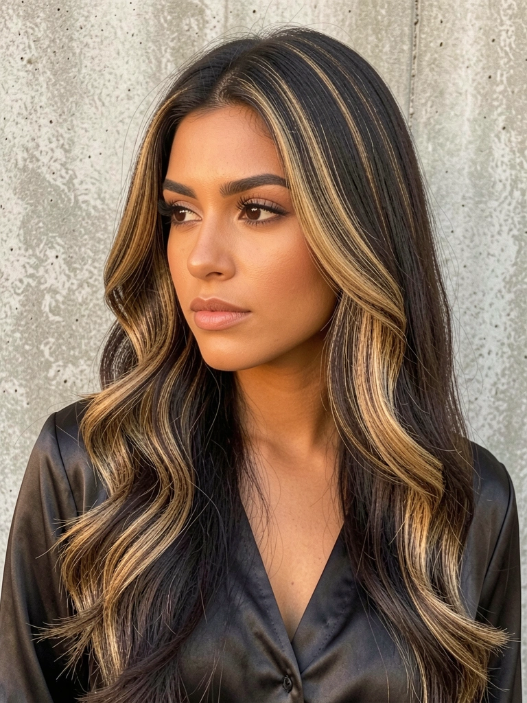 Jovem de cabelos castanhos escuros com mechas douradas, top de cetim, pele morena e maquiagem sutil, fundo de parede de concreto texturizado com luz difusa quente.