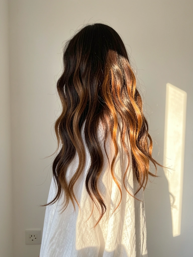 Cabelo ondulado castanho com mechas carameladas sob luz suave de janela, sobre fundo de parede branca com tomada elétrica.
